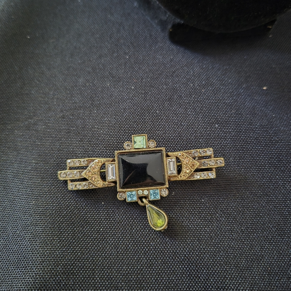 Sweet Romance Black and Gold Brooch with Gem Accents